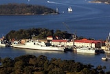 A naval ship sits at Garden Point in Sydney Harbour, January 2001.