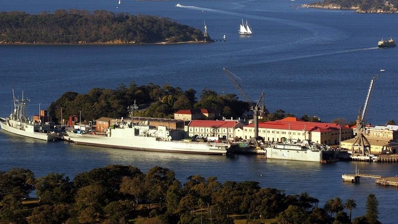 A naval ship sits at Garden Point in Sydney Harbour, January 2001.