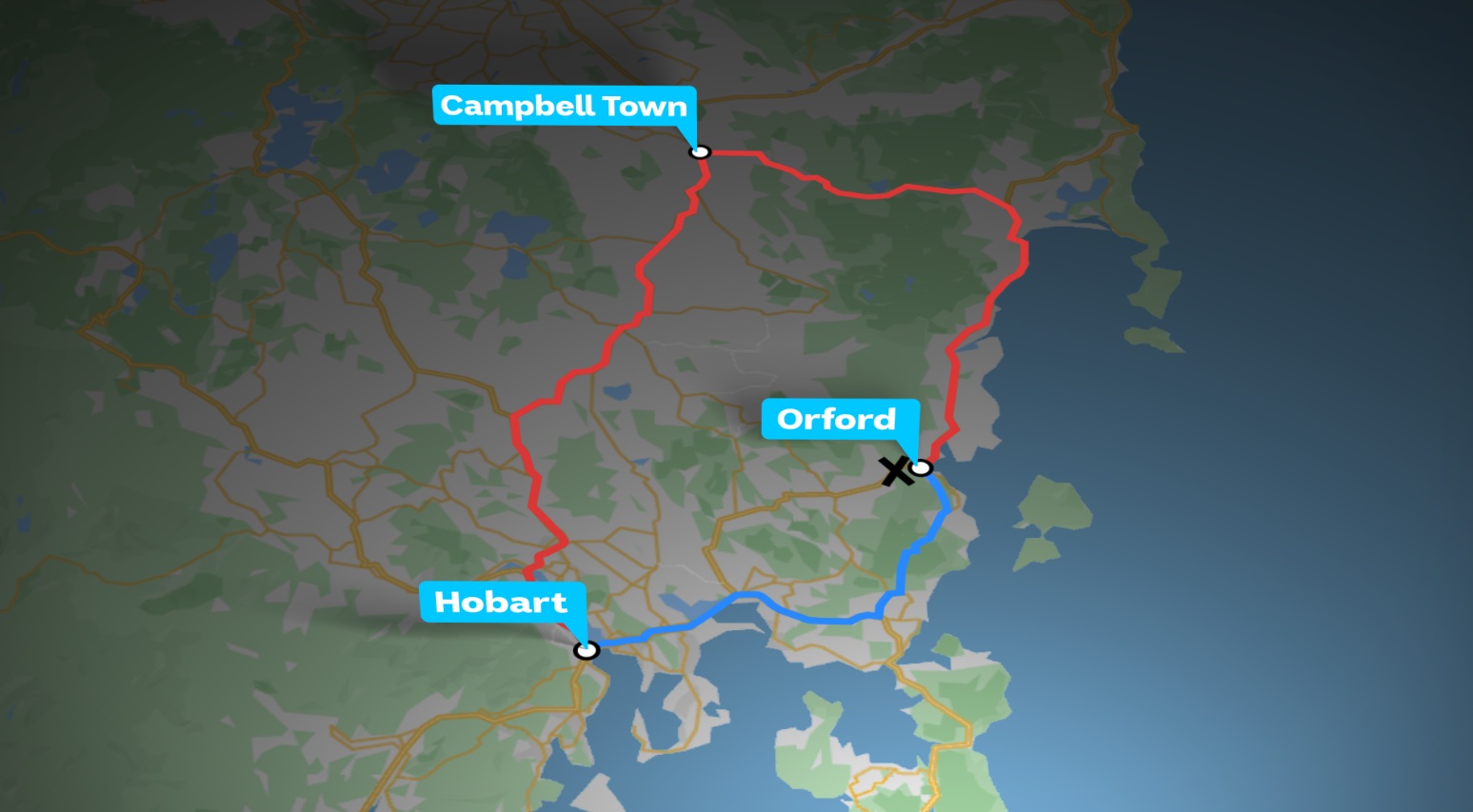 A map of a section of eastern Tasmania, showing Hobart, Orford and Campbell Town