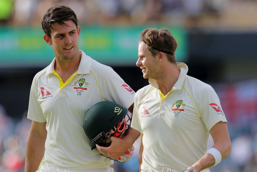 Mitchell Marsh and Steve Smith walk off the WACA after day four