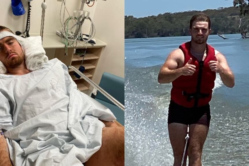 Composite image of a man in a hospital bed and a man water skiing giving the thumbs up.