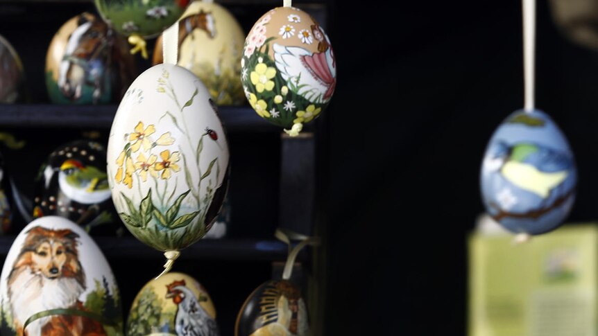 Painted eggs on display at German market
