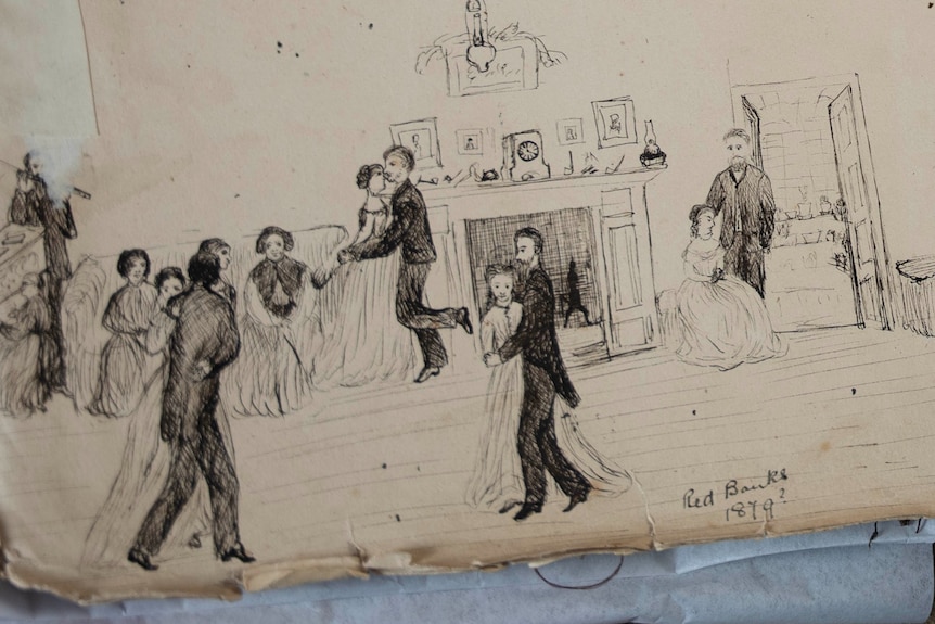 A sketch of a dozen people dancing together in formal hall.
