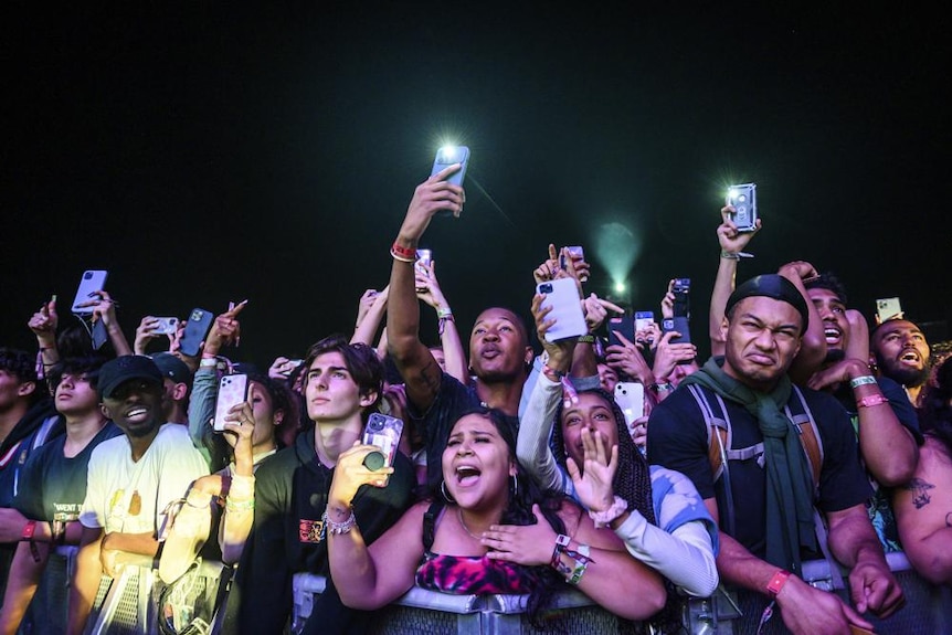 A mass of people scream and cheer from the front fence of a mosh pit holding mobile phones at night 