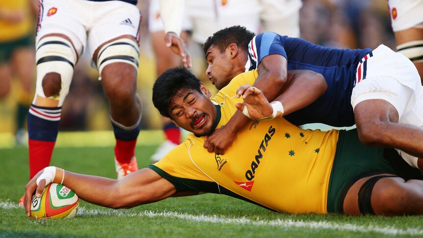 Memorable moment ... Will Skelton scores for the Wallabies in his Test debut against France in 2014