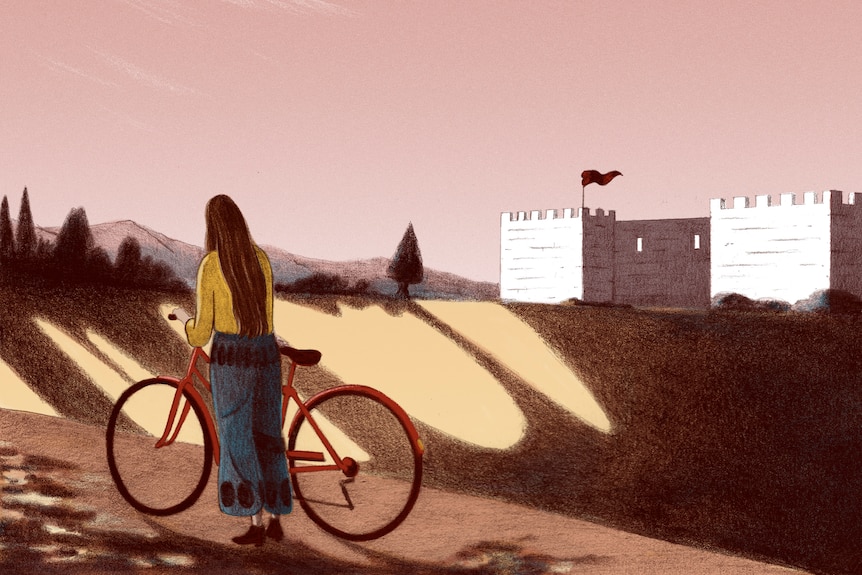 An illustration of a woman riding away on a bicycle with an ominous looking castle in the distance.