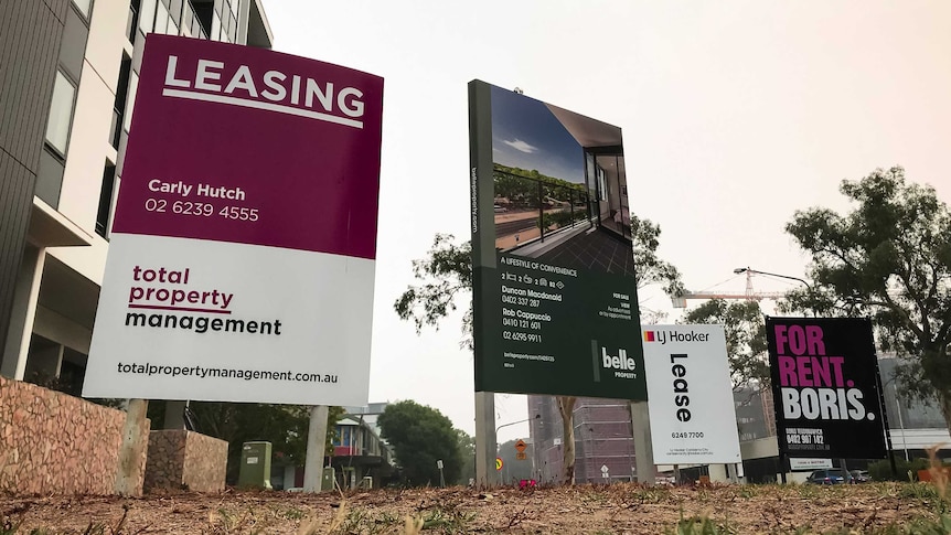 Signs stuck in the ground outside a building.