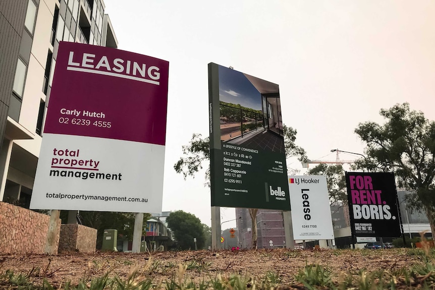 Signs stuck in the ground outside a building.