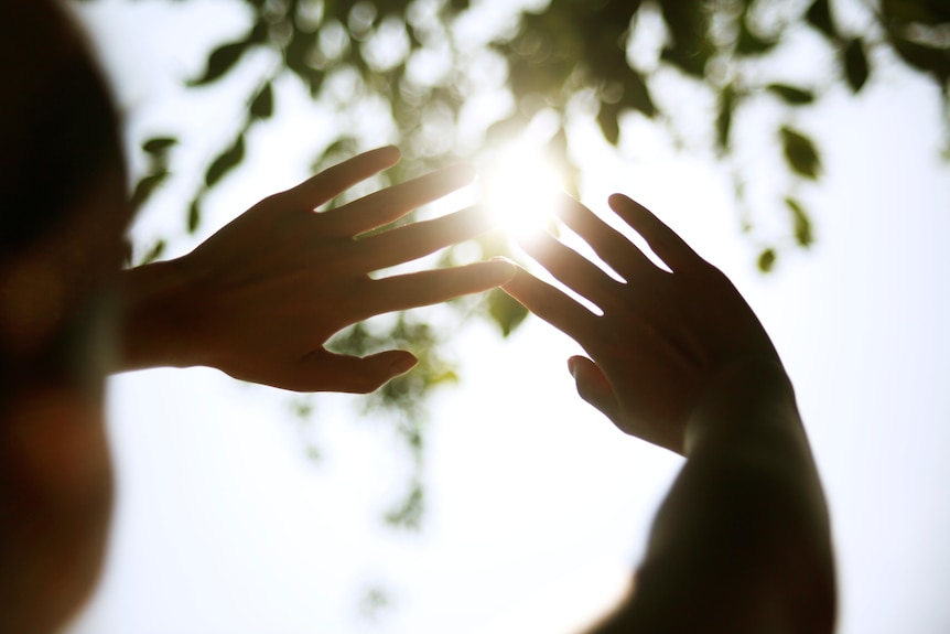 Person's hands shielding their face from the sun, sunlight through leaves. 