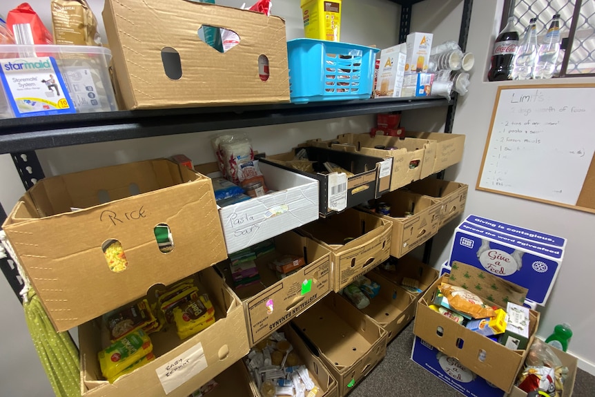 A food pantry filled with boxes and non-perishable items.