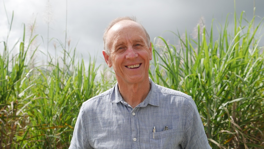 A man in a blue shirt smiles at the camera in front of a sugar cane field.