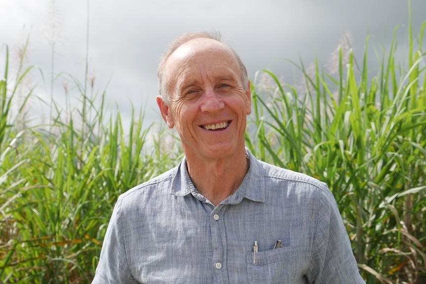 A man in a blue shirt smiles at the camera in front of a sugar cane field