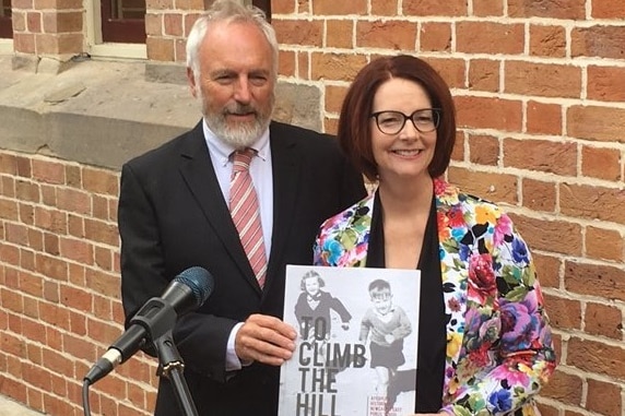 Former Prime Minister Julia Gillard with Newcastle East Public School principal John Beach
