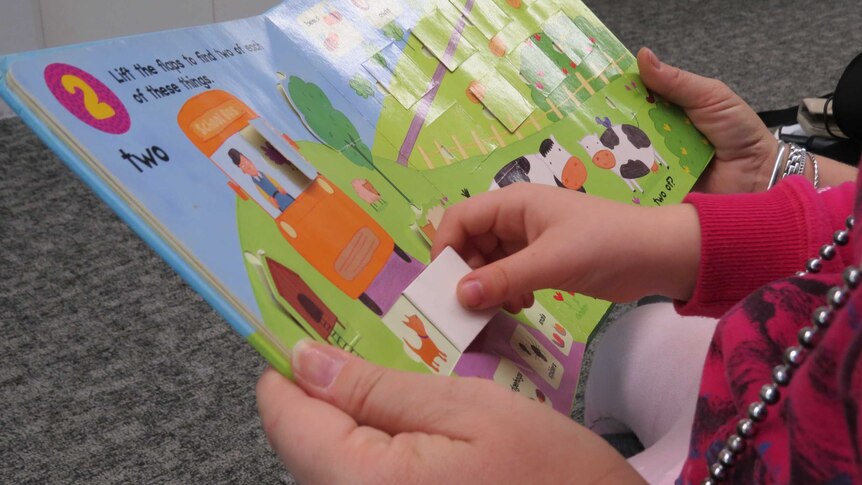 A child lifts the flap on a picture book.