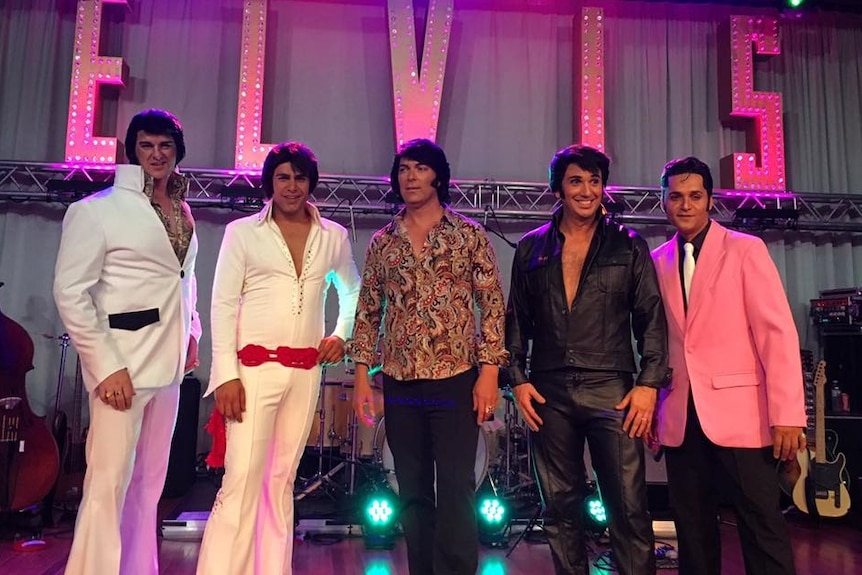 Five men dressed up as Elvis in Parkes