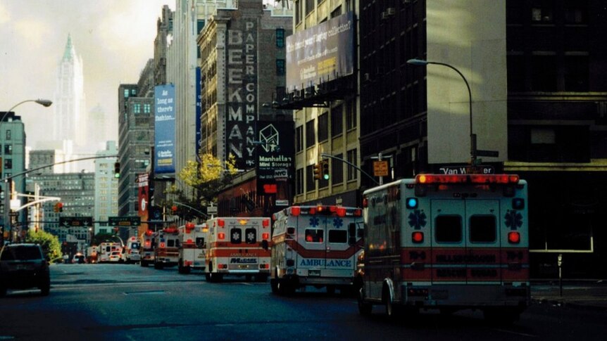 Ambulances stream towards the World Trade Centre site on September 11, 2001.