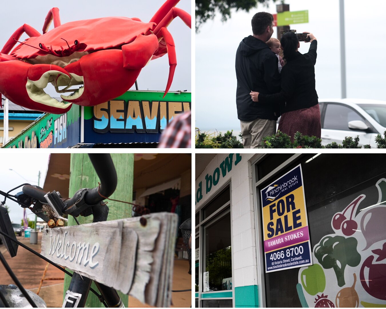 Composite images of an open sign, a couple taking a selfie, a large fake crab and a for sale sign.