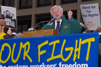 Senator Ted Kennedy addresses a rally by union workers in 2003