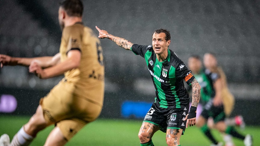 Western United's Alessandro Diamanti points and shouts during the A-League clash against the Western Sydney Wanderers.