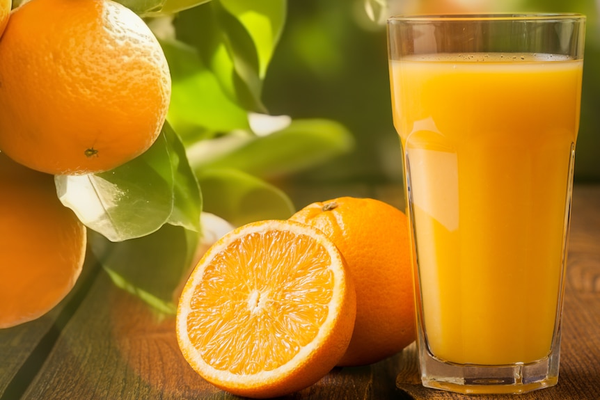 Oranges, including one sliced in half, sit next to a tall glass of orange juice.