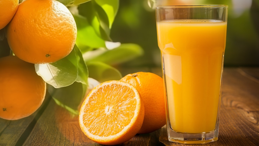 Glass of orange juice with oranges