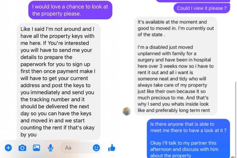 A screenshot of Facebook messages between a scammer and a hopeful tenant, where they are asked for money and personal details.
