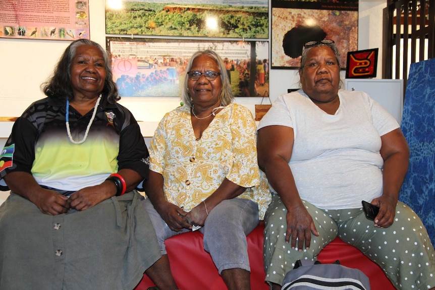 Three Indigenous women with artwork in the background