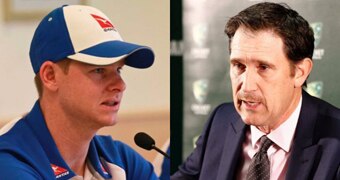 Cricket captain Steve Smith and CA chief James Sutherland (R) sit at a table.