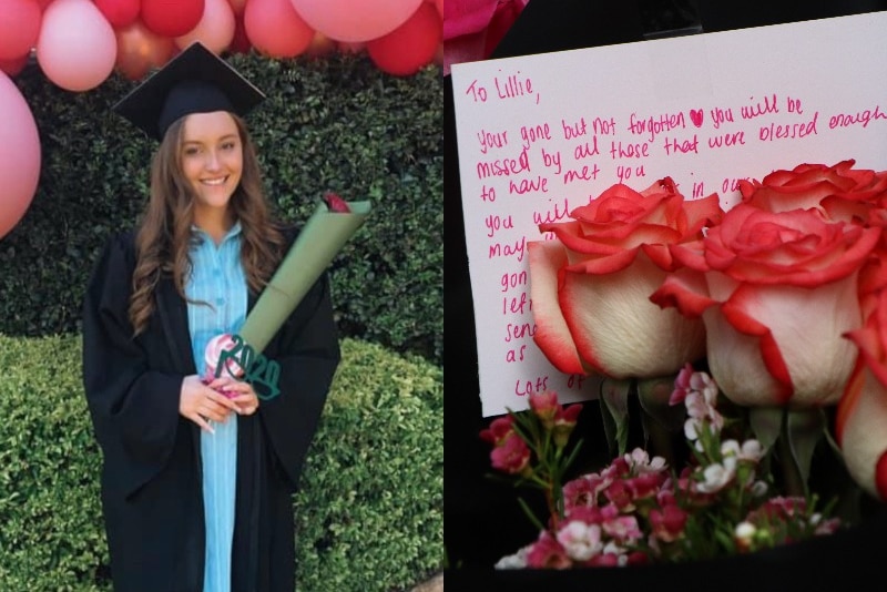 A young woman holding flowers after graduating next to flowers and a tribute