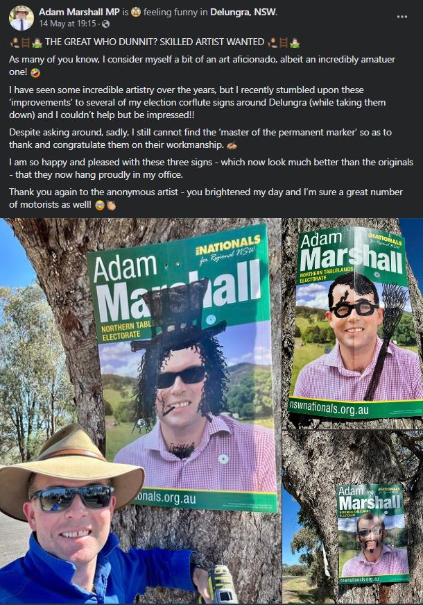 Screengrab of Facebook post. Three photos including man with wide-brimmed hat standing in front of a graffitied poster