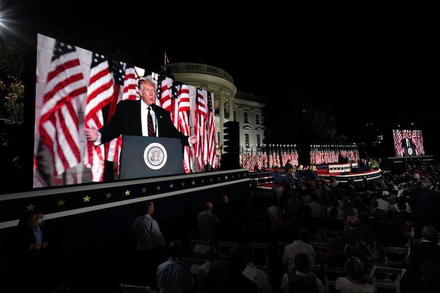 President Donald Trump speaks from the South Lawn of the White House on the fourth day of the Republican National Convention