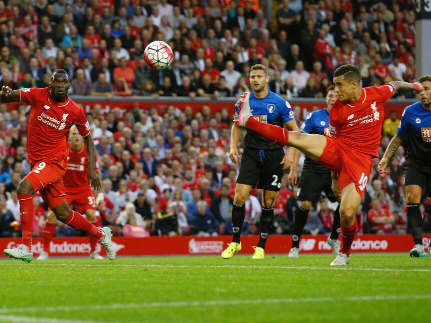 Christian Benteke about to score for Liverpool against Bournemouth at Anfield on August 17, 2015.