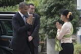 US President Barack Obama is greeted by Burmese pro-democracy leader Aung San Suu Kyi at her residence in Rangoon.