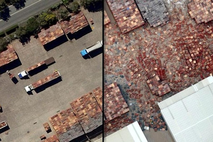 Before and after flood scene at the Brisbane Markets in Rocklea during the 2011 flood event.