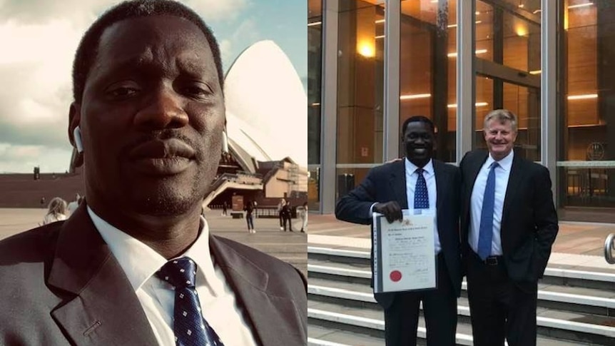 Composite image of William Orule - on the left, in front of the Sydney Opera House. On the right, holding a certificate.