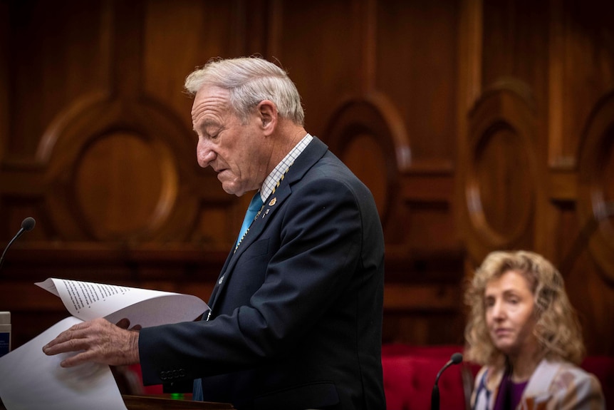 Man holding document stands in parliament while reading from the document.