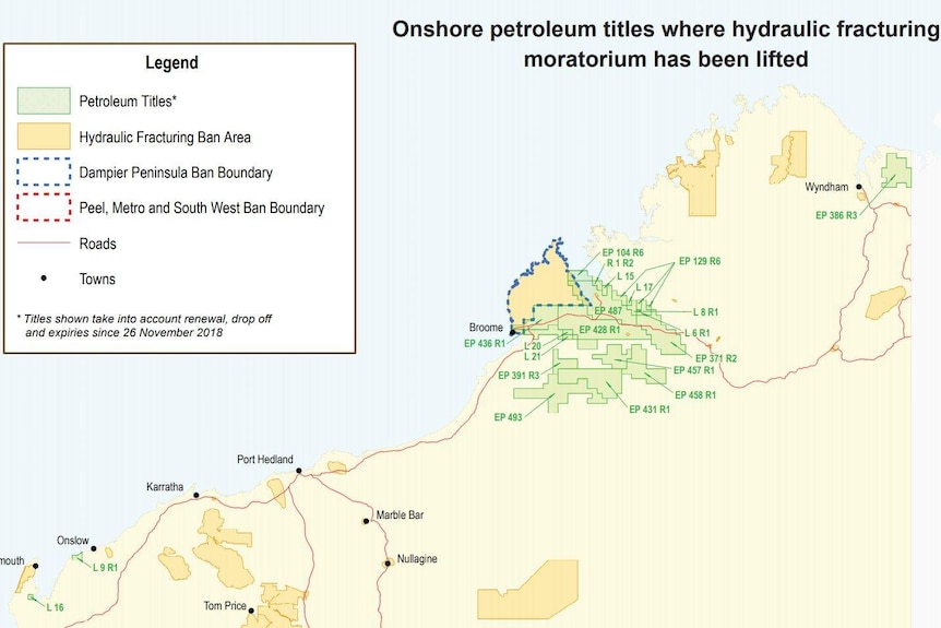 A map of fracking areas in the north of Western Australia.