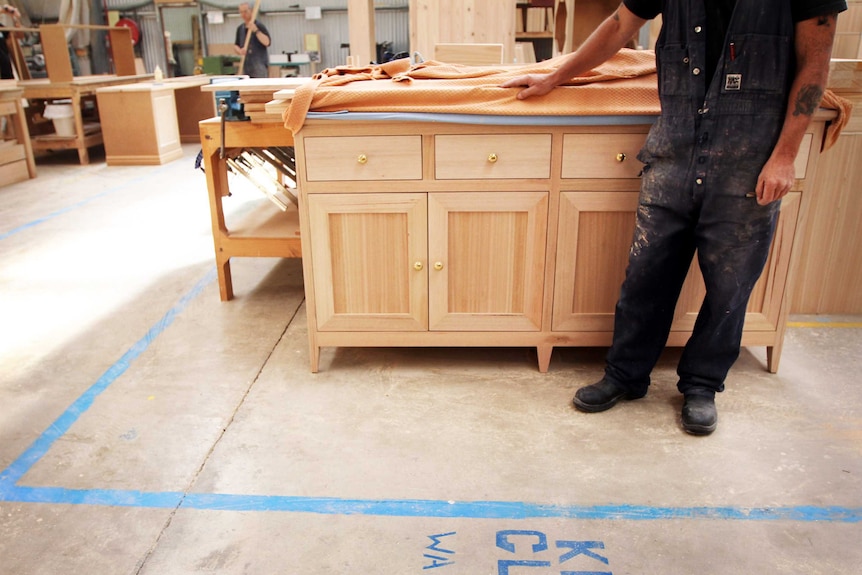 Inmate Steve* has worked in Mount Gambier Prison's wood manufacturing workshop for four years and said he enjoys the work.