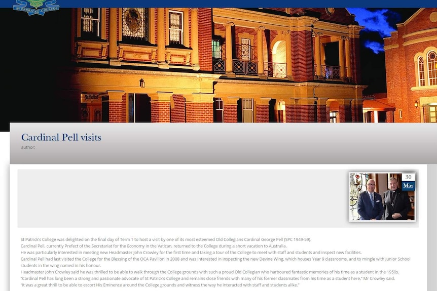 St Patrick's College website documents Cardinal Pell's visit to the school in March.