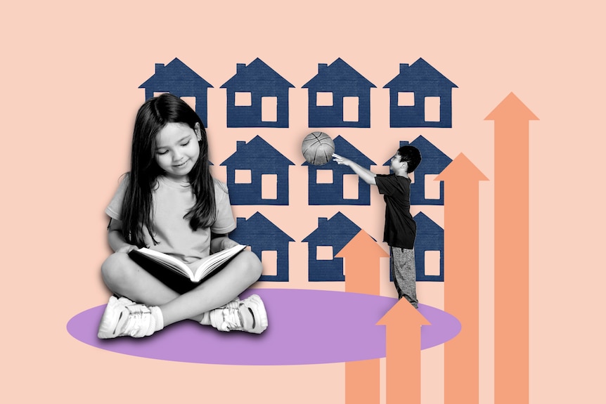 Silhouettes of children read and throw a ball on a peach-coloured background. Houses and upward trending arrows are also seen