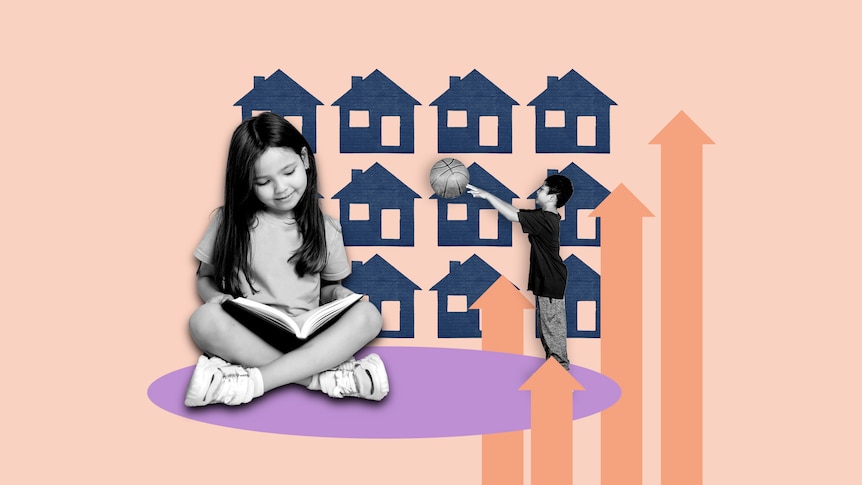 Silhouettes of children read and throw a ball on a peach-coloured background. Houses and upward trending arrows are also seen