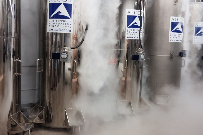A technician waves from behind a wall of cryogenic mist. 