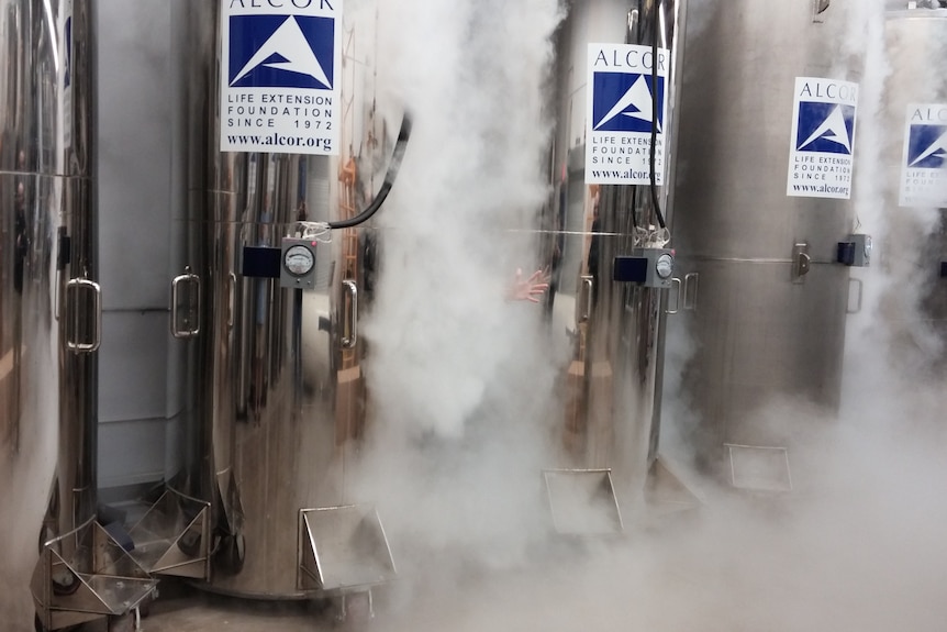 A technician waves from behind a wall of cryogenic mist. 