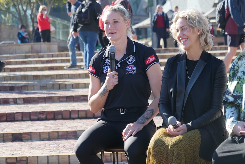 AFLW player Tayla Harris giving a speak when her statue is immortalised at CBD Melbourne