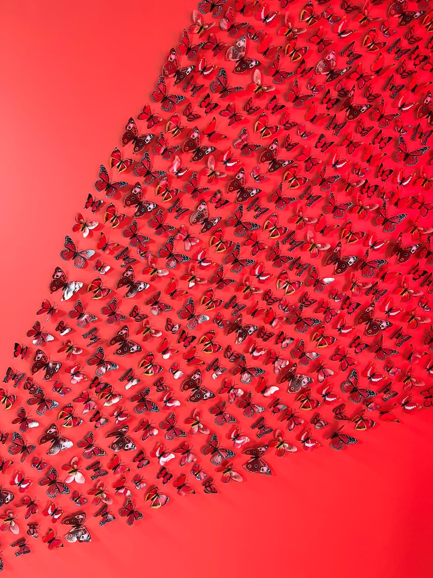 A red wall with hundreds of butterflies stuck to it at a selfie museum