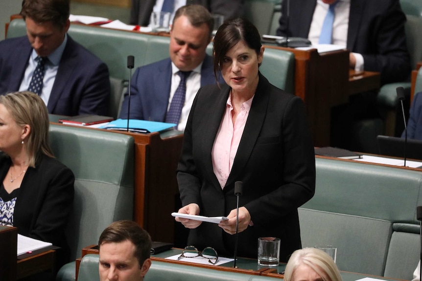 Wicks is standing in her place, holding a piece of paper and looking towards the Speaker (not in shot).