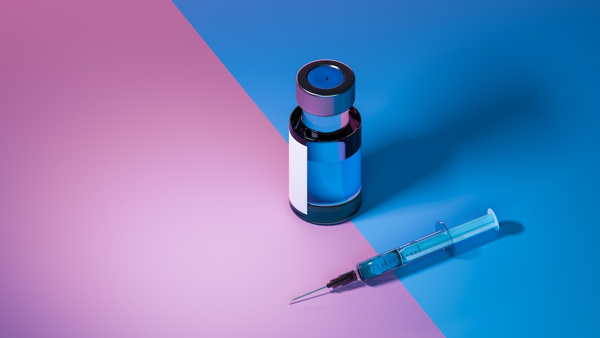 Single syringe and dose of vaccine on blue/pink background.