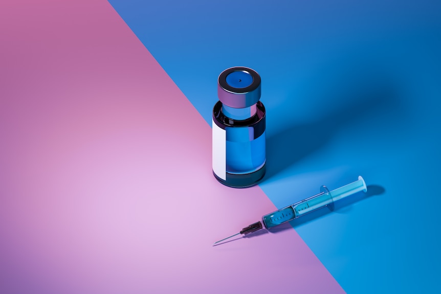 Single syringe and dose of vaccine on blue/pink background.