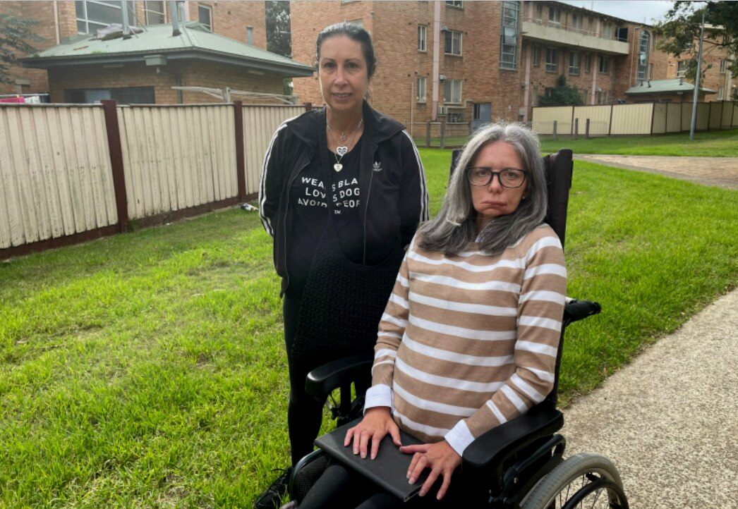 A woman in a wheelchair sitting next to a support worker