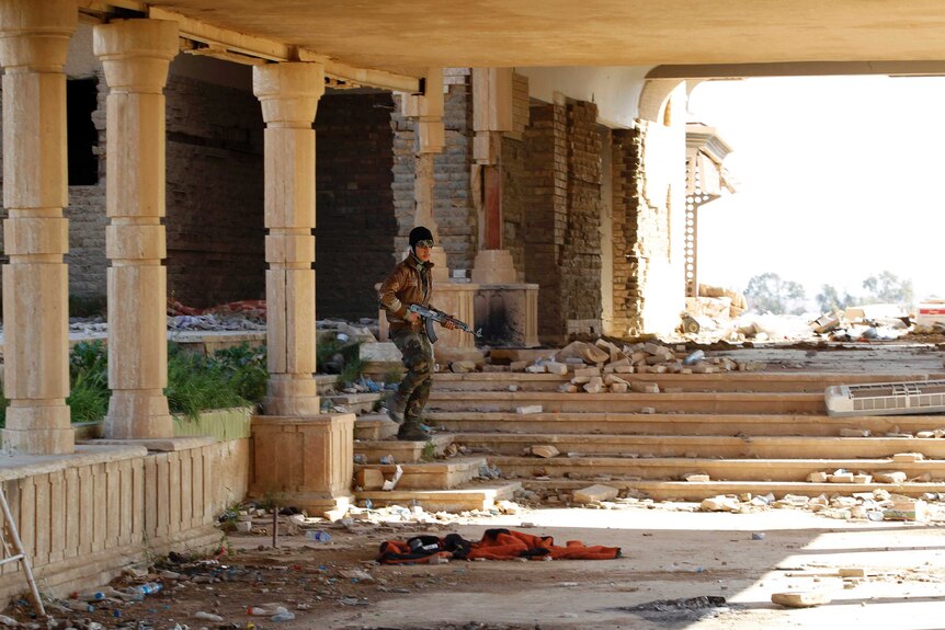 Hashid Shabbi militaman walks in Tikrit's palace complex